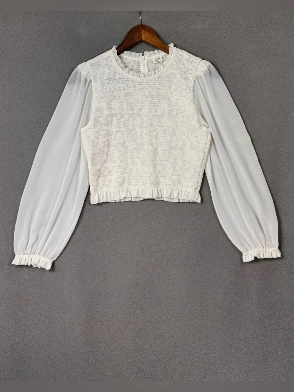 Aritzia Wilfred Tempest Blouse Top Ruffle Off White Smocked Puff Sheer Sleeves,M